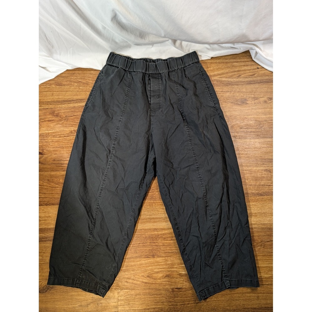 COS Black Barrel Leg Crop Pants 100% Cotton Elastic Waist SZ 12 Lagenlook Boho